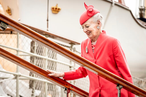 Danish Queen Margrethe arrives to luncheon  on the Royal Yacht Dannebrog in Copenhagen, Sunday, Sept. 11, 2022. The luncheon held on the Royal Yacht Dannebrog to mark the 50th anniversary of Danish Queen Margrethe II's accession to the throne. (Mads Claus Rasmussen/Ritzau Scanpix via AP)