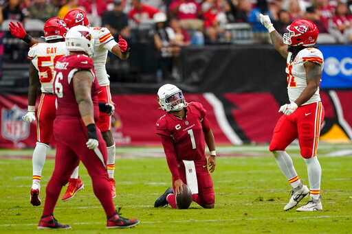 Arizona Cardinals quarterback Kyler Murray (1) reacts after he was sacked by the Kansas City Chiefs during the second half of an NFL football game, Sunday, Sept. 11, 2022, in Glendale, Ariz. (AP Photo/Matt York)