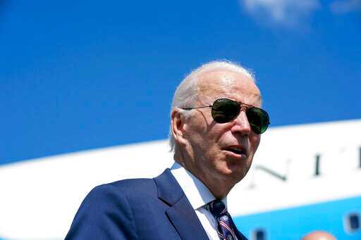 President Joe Biden speaks before boarding Air Force One at Columbus International Airport in Columbus, Ohio, Friday, Sep. 9, 2022, after attending a groundbreaking for a new Intel computer chip facility in New Albany, Ohio. (AP Photo/Manuel Balce Ceneta)