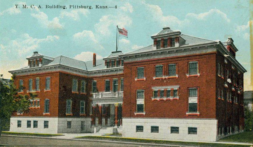 A color postcard of the YMCA Building, corner of 4th and Pine Streets, Pittsburg, circa 1923, from the Ira Clemens Photograph Album, 1923.