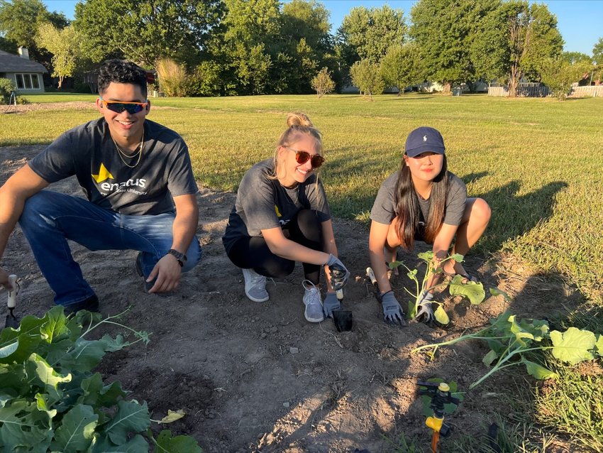 From left, Alex Tran, Brenna Lavender, Brianna Bae of PSU&rsquo;s Enactus student group at the community garden behind the First Christian Church.