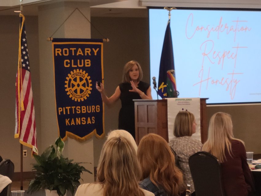 Kristi Spencer, owner of The Polite Company, speaks about the three principles needed when interacting with individuals &mdash; consideration, respect, and honesty &mdash; during the Pittsburg Noon Rotary Club&rsquo;s event &ldquo;Women are Champions&rdquo; event on Tuesday.