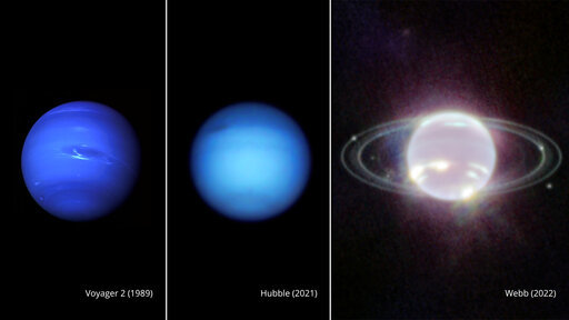 This composite image provided by NASA on Wednesday, Sept. 21, 2022, shows three side-by-side images of Neptune. From left, a photo of Neptune taken by Voyager 2 in 1989, Hubble in 2021, and Webb in 2022. In visible light, Neptune appears blue due to small amounts of methane gas in its atmosphere. Webb&rsquo;s Near-Infrared Camera instead observed Neptune at near-infrared wavelengths, where Neptune resembles a pearl with thin, concentric oval rings. (NASA, ESA, CSA, STScI via AP)