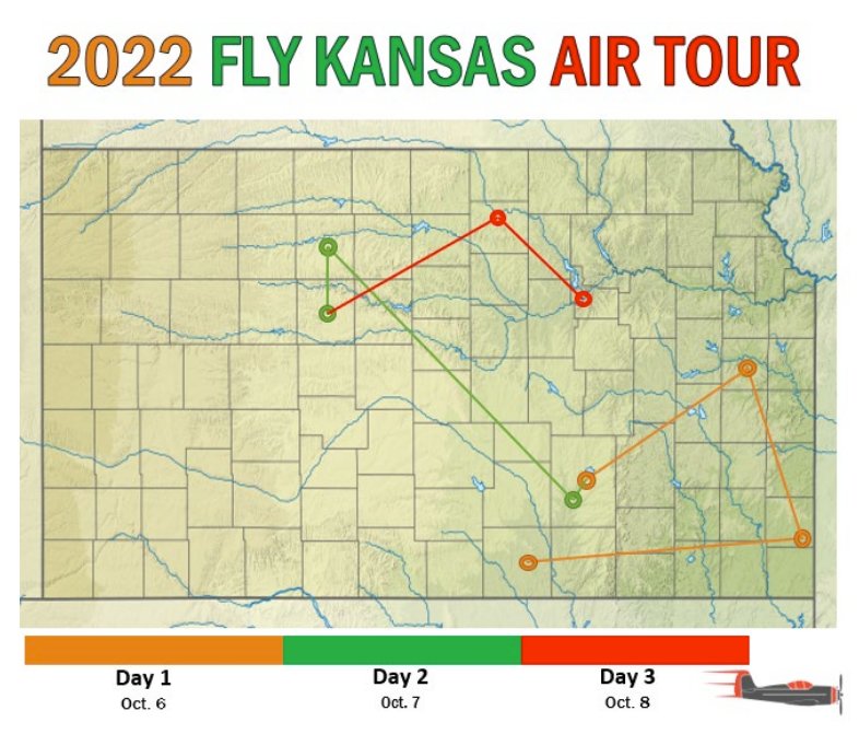 This map shows the route of the 2022 Fly Kansas Air Tour.