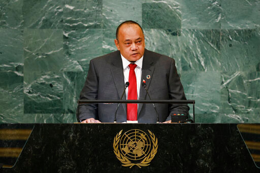 Prime Minister of Tonga Siaosi Sovaleni addresses the 77th session of the United Nations General Assembly at U.N. headquarters, Friday, Sept. 23, 2022. (AP Photo/Jason DeCrow)