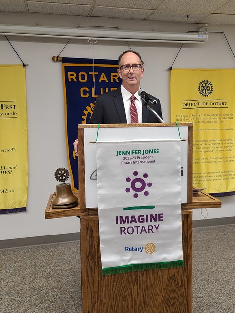 Pittsburg State University President Dr. Daniel Shipp talks about his plans for the university at Pittsburg Noon Rotary Club&rsquo;s meeting on Tuesday.