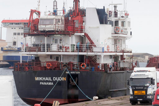 FILE - The Russian ship Mikhail Dudin docks at the port of Dunkirk, northern France, Tuesday, Sept.13, 2022. While Europe is cracking down on Russia's oil and gas, it's continuing to import and export nuclear fuel from and to the country, as the sector is not under sanctions prompted by the war in Ukraine _ a uranium trade denounced by Kyiv and environment activists. The Mikhail Dudin ship was navigating Thursday in the North Sea, heading towards the Russian Baltic port of Ust-Luga after leaving the French port of Dunkirk the previous day.(AP Photo/Michel Spingler, File)