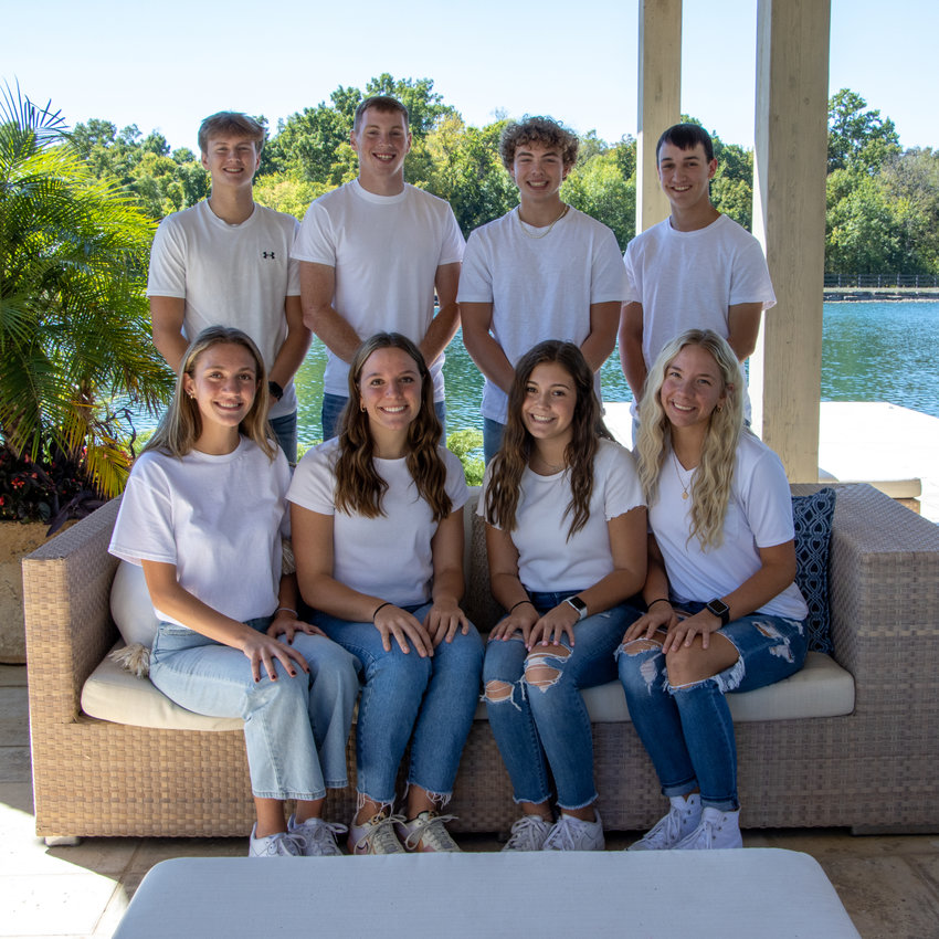 Members of the 2022 Frontenac High School Homecoming Court are pictured, including (back row, from left) Dylan Whitthuhn, Mario Menghini, Brennon Frazier, Logan Myers, and (front row, from left) Grace Jones, Hattie Pyle, Brylie Smith, and Mia Brown.