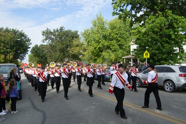 The Columbus High School Marching Band marches in the annual Columbus Day parade on Saturday.