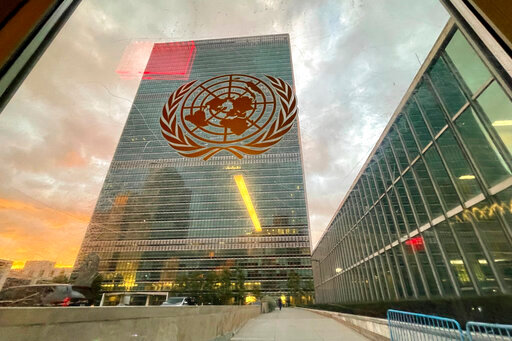 FILE - The United Nations headquarters building is seen from inside the General Assembly hall, Tuesday, Sept. 21, 2021.   Western nations engaged in intense behind-the-scenes lobbying for a U.N. resolution that would condemn Russia&rsquo;s &ldquo;attempted illegal annexation&rdquo; of four Ukrainian regions and demand that Moscow immediately reverse its actions, while Syria warned against isolating its ally Russia. A vote on the resolution is expected later Wednesday, Oct. 12, in the 193-member General Assembly after diplomats finish outlining their country&rsquo;s positions.  Assembly members began debating it on Monday at the resumption of an emergency special session on Ukraine. (Eduardo Munoz/Pool Photo via AP)