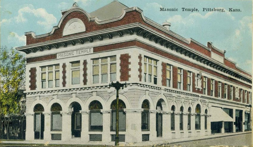 A color postcard of the Masonic Temple, corner of 6th and Pine streets, Pittsburg, circa 1923, from the Ira Clemens Photograph Album, 1923.