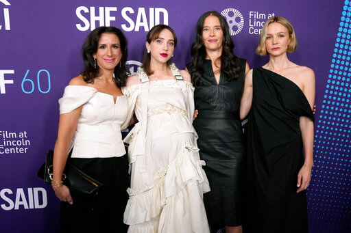 Jodi Kantor, from left, Zoe Kazan, Megan Twohey and Carey Mulligan attend the premiere of &quot;She Said&quot; at Alice Tully Hall during the 60th New York Film Festival on Thursday, Oct. 13, 2022, in New York. (Photo by Charles Sykes/Invision/AP)