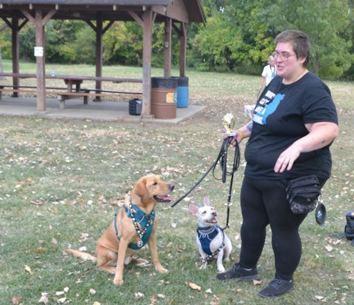 Amber Chrysler of Joplin and her dogs Peter, a terrier mix, and Kent, a Labrador Retriever,collected quite the haul at Bark in the Park on Saturday, winning first and second in the Best Trick category, and Peter taking Best In Show.