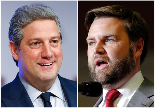 FILE - This combination of photos shows Ohio Democratic Senate candidate Rep. Tim Ryan, D-Ohio, on March 28, 2022, in Wilberforce, Ohio, left, and Republican candidate JD Vance on Sept. 17, 2022, in Youngstown, Ohio. Ryan and Vance deflected accusations of being political lapdogs to their parties Monday, as they met in a heated second debate for Ohio's open U.S. Senate seat. (AP Photo/Paul Vernon)