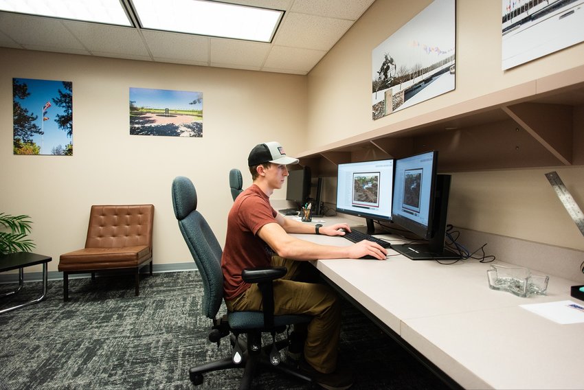 Marine veteran Josh Vanatta takes time to get some work done at the newest Veterans&rsquo; Resource Center located in the Kansas Technology Center. Commuting every day from Humboldt, Vanatta says the resource center provides a quiet and relaxed environment for him to work between classes. &nbsp;