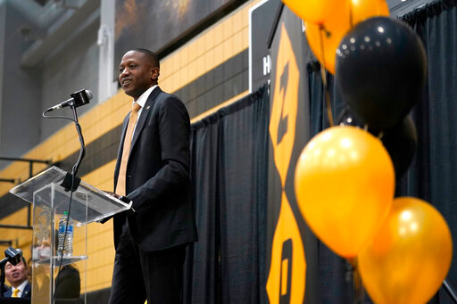 FILE - Dennis Gates is introduced as the new head basketball coach at Missouri on March 22, 2022, in Columbia, Mo. Gates has won over Missouri fans and is quickly winning over recruits, and the next step is to start winning some basketball games. (AP Photo/Jeff Roberson, File)