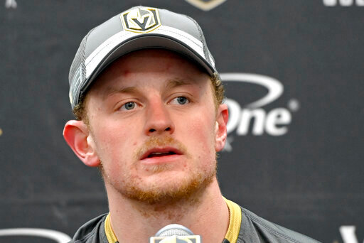 FILE - Vegas Golden Knights center Jack Eichel speaks during a news conference after an NHL hockey game against the Colorado Avalanche Wednesday, Feb. 16, 2022, in Las Vegas. Jack Eichel fought for the right to have a never-been-performed-on-an-NHL-player sort of neck surgery. The sharpshooting center for the Golden Knights by way of the Buffalo Sabres may be doing for backs/necks what Tommy John once did for the elbows of baseball pitchers &mdash; save careers. (AP Photo/David Becker, File)