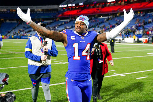 Buffalo Bills wide receiver Stefon Diggs (14) reacts as he leaves the field after an NFL football game against the Green Bay Packers, Sunday, Oct. 30, 2022, in Orchard Park, N.Y. (AP Photo/Seth Wenig)