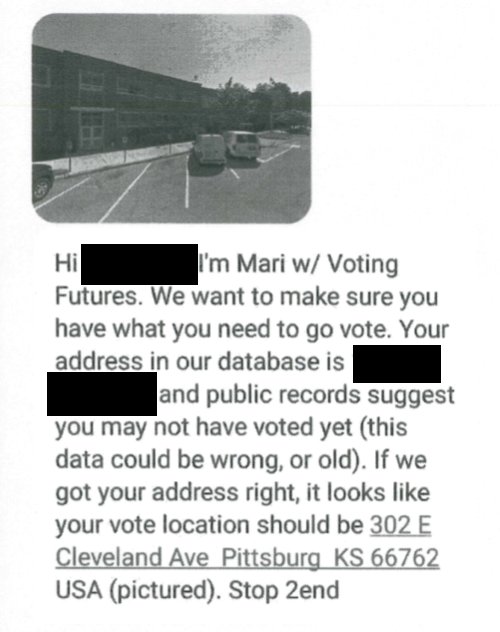 An example of a text sent by Voting Futures to a Pittsburg resident recently telling the person where to cast their vote on Nov. 8.