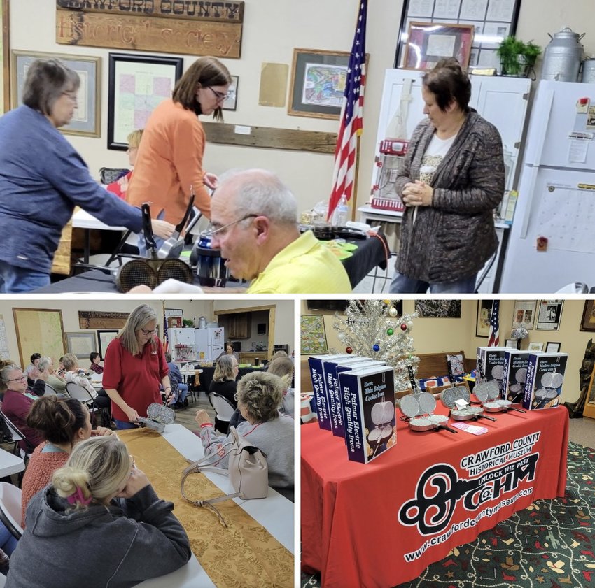 Carolyn Zagonel, Brian and Donna Cronister share French Cookie recipes to a full room at the Crawford County Historical Museum on Monday.&nbsp;