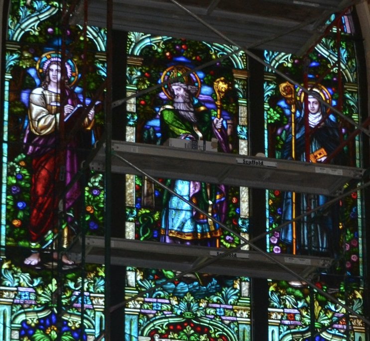 A newly cleaned and restored stained-glass window at Our Lady of Lourdes in Pittsburg. DUSTIN STRONG / THE MORNING SUN