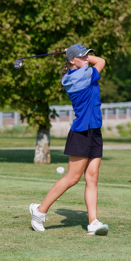 St. Mary&rsquo;s Colgan senior Ali Scripsick delivers a drive on the first hole at Crawford Hills Golf Course during the 2021 Girard Invitational.