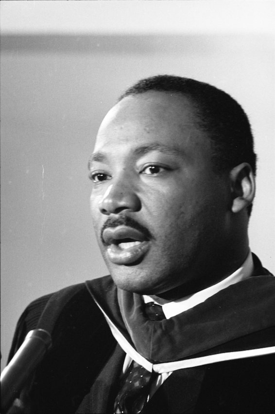 Rev. Martin Luther King, Jr. speaks at a press conference in March 1965.