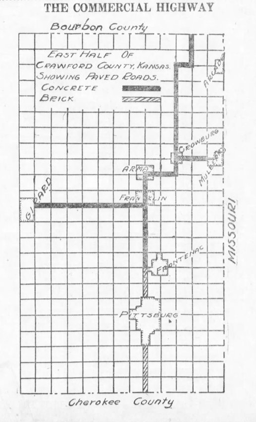 A map of the newly completed paved highway in the eastern half of Crawford County from the front page of the Pittsburg Daily Headlight, Jan. 15, 1923.