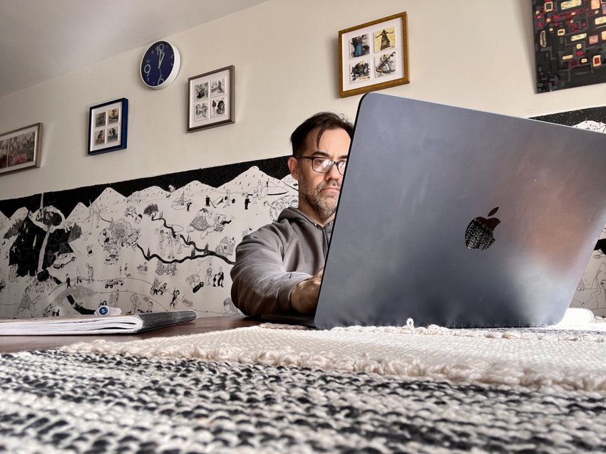 Pittsburg native Brady Dale working from his home in Brooklyn. Dale is a reporter for Axios, specializing in crypto-currency, and has a new book coming out in May.