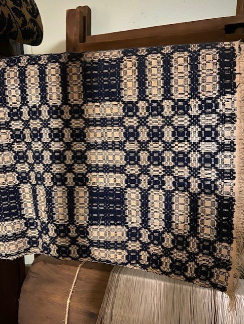 Done in indigo wool and unbleached cotton, this antique coverlet &ndash; which was woven around 1870-1880 &ndash; will be examined during Crawford County Historical Museum&rsquo;s &ldquo;Secrets from the Bedchamber&rdquo; program 11 a.m. to 12:30 p.m. Saturday, March 4. The program will allow participants actual hands-on with antique textiles.