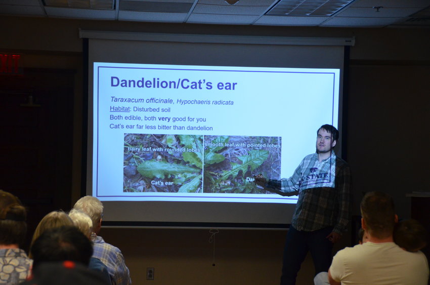 K-State Extension Office Horticulturist Jesse Gilmore shows the difference between cat&rsquo;s ear and dandelion leaves during his Early Season Foraging class at the Pittsburg Public Library on Wednesday.
