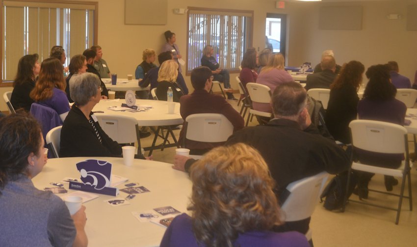 A group of K-State alumni gather at the Girard Civic Center on Monday morning to meet and listen to university President Richard Linton about the advantages of becoming a Wildcat. Linton also led the group in a discussion of how K-State can better serve southeast Kansas and asked for suggestions to improve relationships in the area.&nbsp;