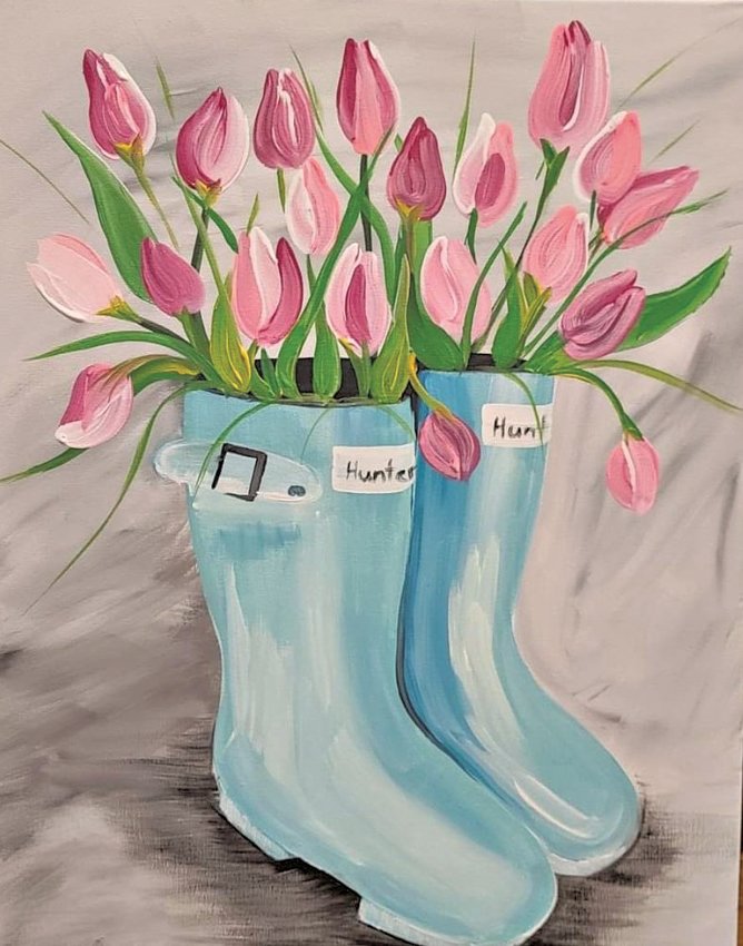 Attendees at the Paint and Sip scheduled for Sunday will paint a pair of rainboots with flowers in them.