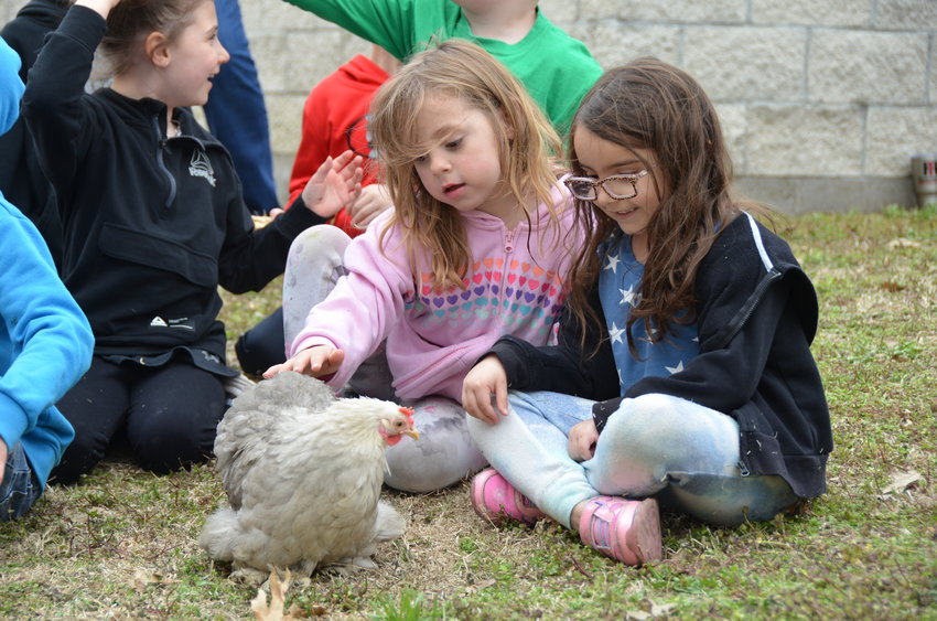 Rylee Miller, left, and Jayne Pitts pet one of Ann Lero&rsquo;s chickens as she tells them about the type of eggs it lays during Ag Day at Girard Public Library.