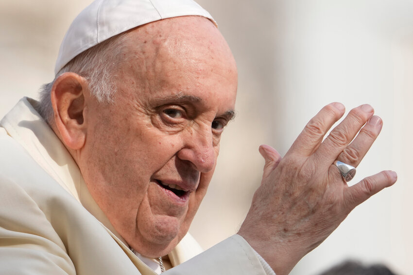 Pope Francis waves during his weekly general audience in St. Peter's Square at The Vatican, Wednesday, April 5, 2023. (AP Photo/Andrew Medichini)
