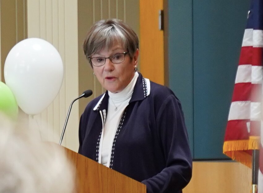 Governor Laura Kelly addresses a crowd at the Blue Valley Food Pantry on Monday, adding that Special Education must be fully funded in Kansas.