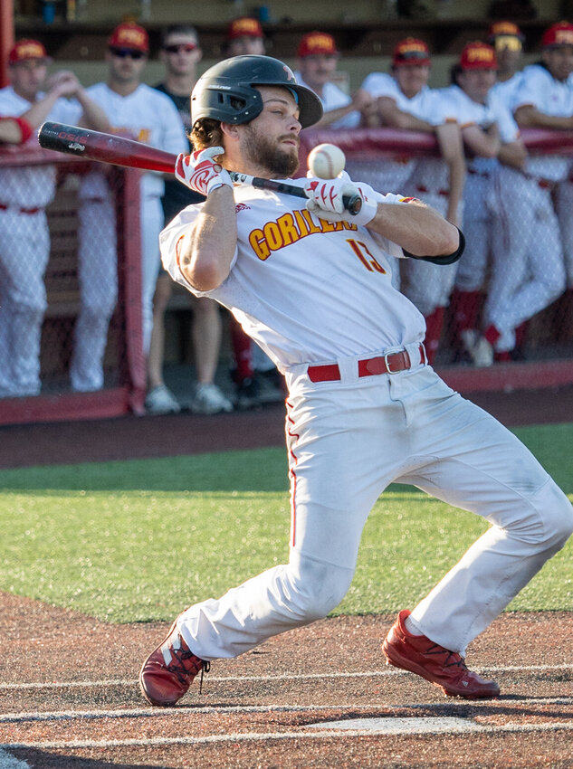 Pittsburg State's Brett Daley gets hit by a pitch during Friday night's game against Central Missouri at Al Ortolani Field.  COURTESY CORBIN KINSCH / PSU DEPARTMENT OF COMMUNICATIONS