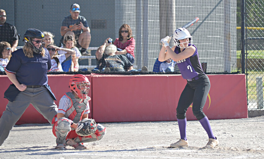 Pittsburg's Sierra Deierling waits fro the pitch in front of Columbus catcher Addison Saporito on Tuesday during the first game of their doubleheader in Columbus. JEFF PEYTON / MORNING SUN STAFF
