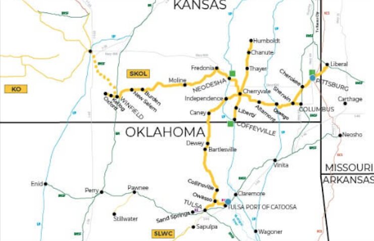 A map of the Southern Kansas and Oklahoma Railroad (SKOL). Based out of Cherryvale, SKOL is only one of four short-line railroads owned or operated by Watco.