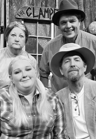 The cast of The Beverly Hillbillies; Jane Ann Hancock (Granny), Robert Kalthoff (Jed Clamped), Shawn Johanson (Jethro Bodine), and Gracie Parrish (Elly Mae)