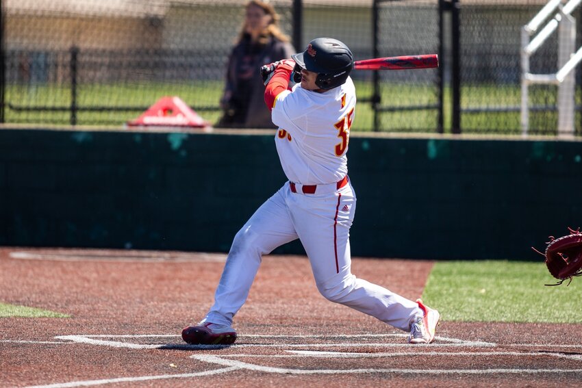First baseman Austin Warkins batted .583 (7-for-12) to lead Pittsburg State in last week's three-game series against Central Oklahoma. COURTESY DEREK LIVINGSTON / PSU SPORTS INFORMATION DEPARTMENT