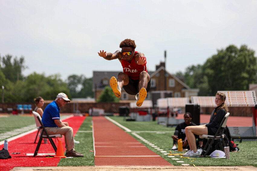 Jaylynn Ellerbe-Cundiff of Pittsburg State sails 24 feet, 8.50 inches in the long jump during the Last Chance Meet on Friday at PSU's Carnie Smith Stadium. COURTESY BRANDON NGO / PSU SPORTS INFORMATION DEPARTMENT