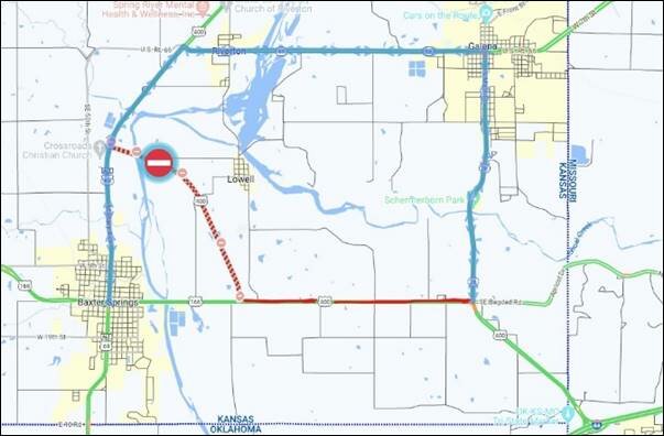 A section of U.S. 166/400 east of Baxter Springs will be closed starting Tuesday, May 30. The Kansas Department of Transportation (KDOT) will be reconstructing  U.S. 166/400 on a new four-lane alignment south of the existing roadway. KDOT expects to reopen the realigned U.S. 166 later this fall.