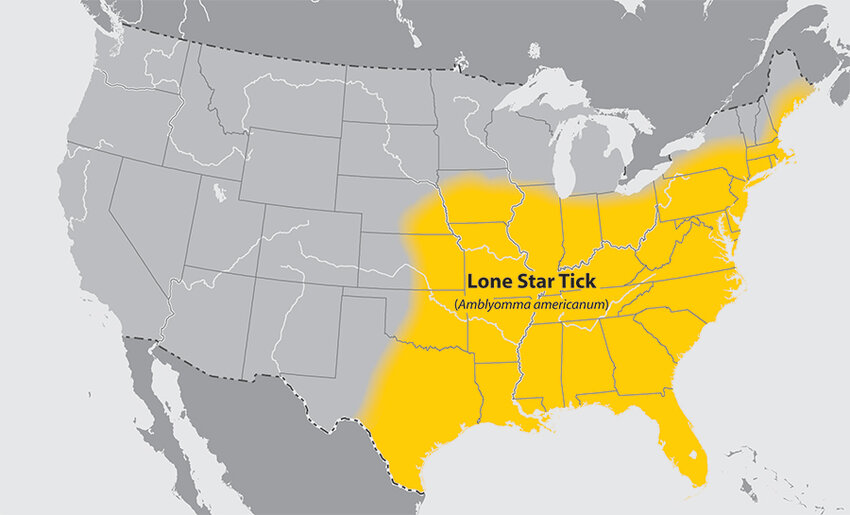 The range of the&nbsp;Lonestar tick in the United States.