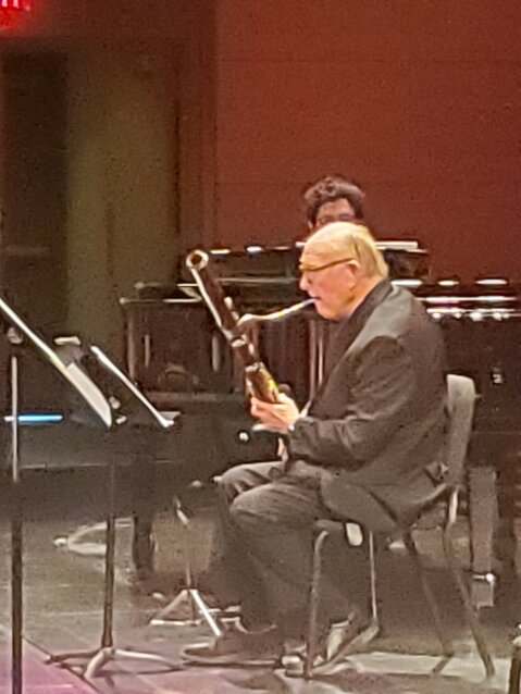 Rusty Jones, on bassoon, plays II. Cantabile for an intimate audience Wednesday night at the Bicknell Center.