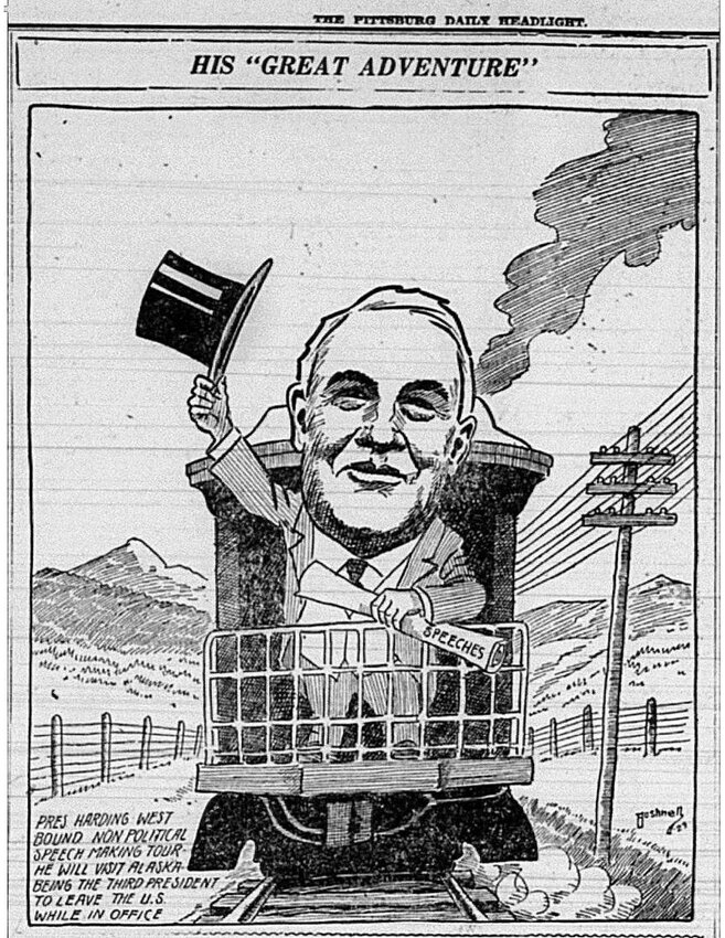 Political cartoon showing President Harding on his tour of the U.S. in 1923, which included a visit to a Kansas wheat field and a trip to the Alaska territory.