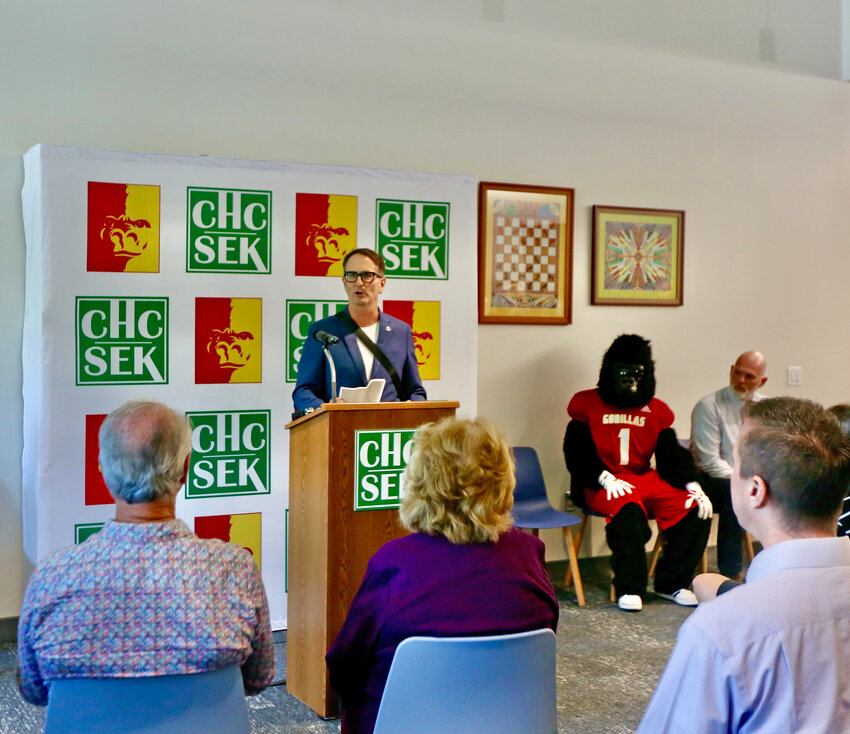 Dr. Dan Shipp, Pittsburg State University President, delivers a speech during a press conference on Tuesday at the John Ugo Parolo Education Center, where PSU and CHC/SEK announced a partnership to expand health care for students and staff.