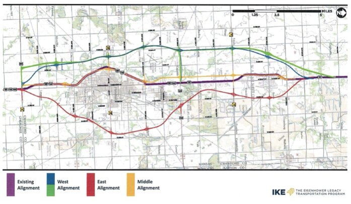 A KDOT map of the three potential routes of a U.S. 69 expansion.