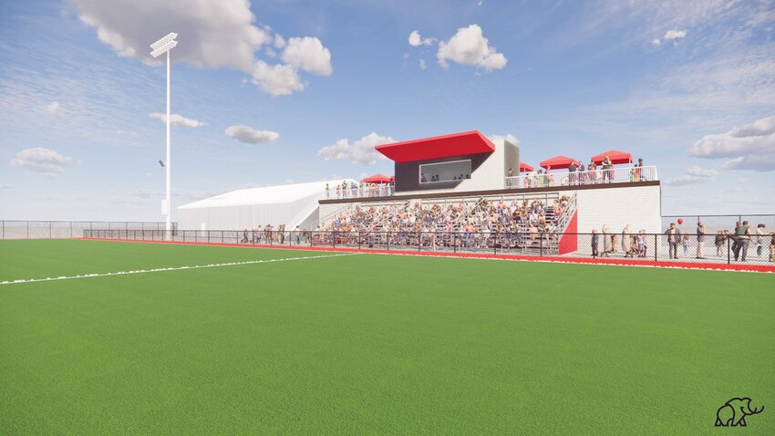 An artist&rsquo;s rendition shows the players&rsquo; view and fans&rsquo; view of Pittsburg State&rsquo;s soccer field that will be built east of the baseball field in the Gene Bicknell Sports Complex. PSU announced Wednesday that it is adding a women&rsquo;s soccer team in the fall of 2024.
