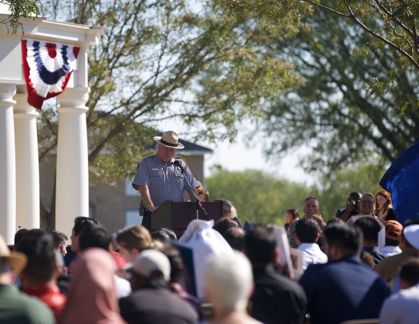Carl Brenner, chief of interpretation and resource management at the Fort Scott National Historic Site as well as the acting superintendent, gave the opening remarks during Thursday&rsquo;s Special Naturalization Ceremony.